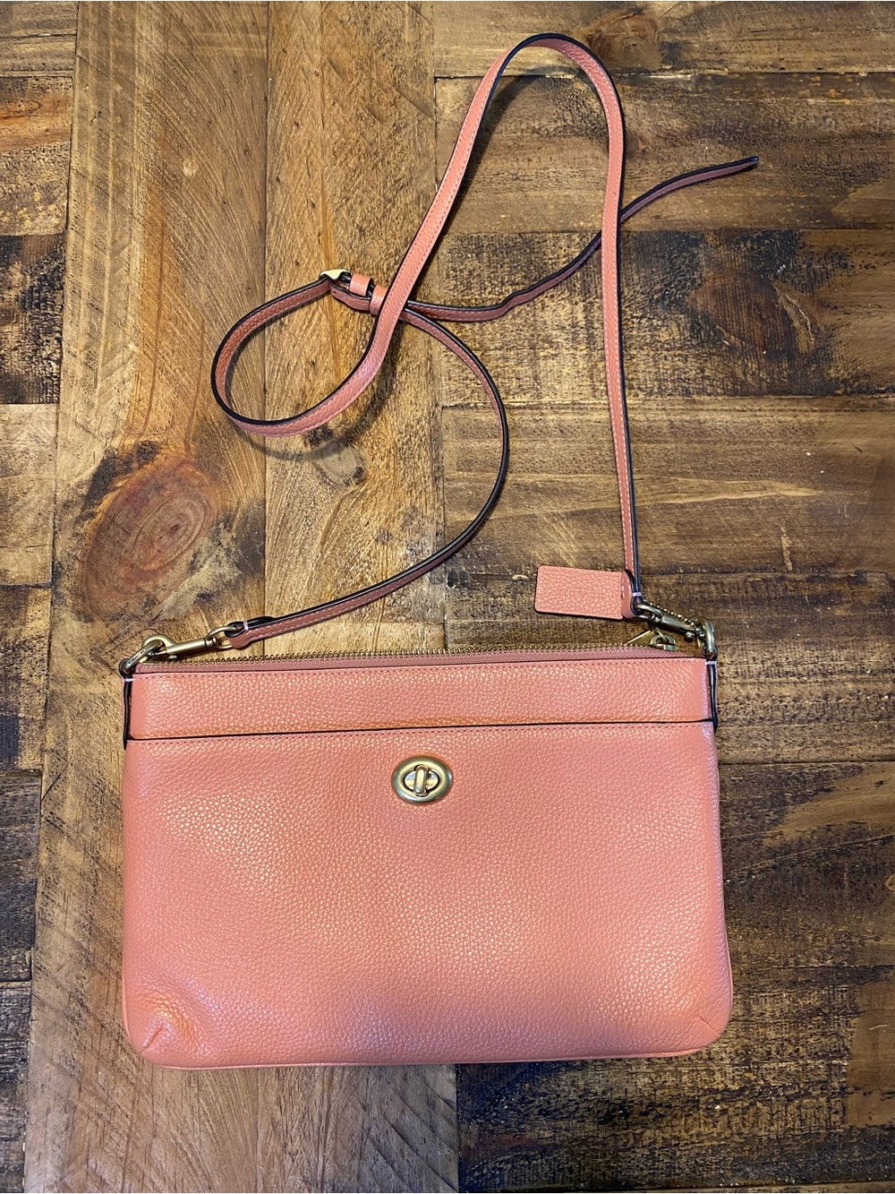 Coach Polly Leather Crossbody Bag in Light Apricot - Turnlock Detail